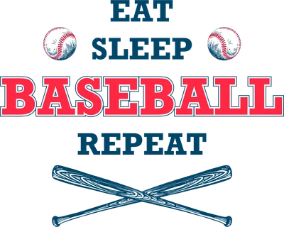Hình ảnh "Eat Sleep Baseball Repeat" với bóng chày và gậy bóng chày trên nền xám.