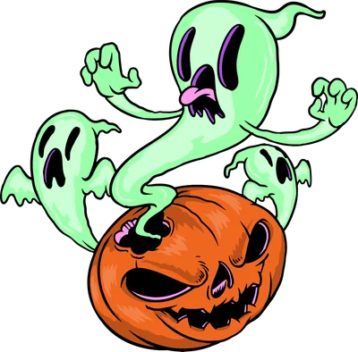 Hình minh họa ba con ma xanh lá cây và một quả bí ngô Halloween chạm khắc đáng sợ trên nền xám.