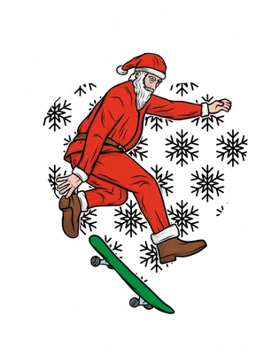 Hình ảnh ông già Noel đang trượt ván với nền trái tim họa tiết bông tuyết và chữ I Love Christmas