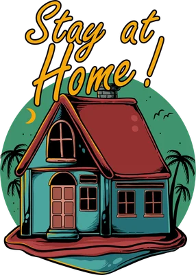 Hình minh họa ngôi nhà phong cách retro với dòng chữ Stay at Home, màu sắc vintage