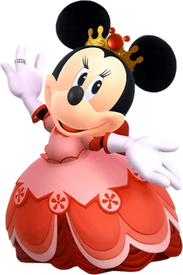 Hình ảnh Minnie Mouse trong trang phục công chúa màu hồng đỏ, đội vương miện vàng, đang vẫy tay chào.