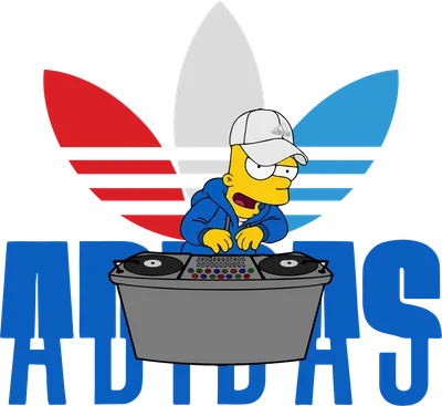 Hình ảnh Bart Simpson đội mũ lưỡi trai, mặc áo hoodie xanh, đang làm DJ với bàn DJ, phía sau là logo Adidas cách điệu.