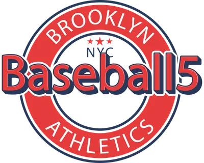 Logo Brooklyn Baseball 5 Athletics với vòng tròn đỏ và chữ trắng, nền xám.