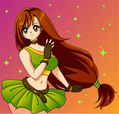 Hình vẽ cô gái anime tóc nâu dài, mắt xanh lá, mặc trang phục xanh lá và vàng, tạo dáng dễ thương.