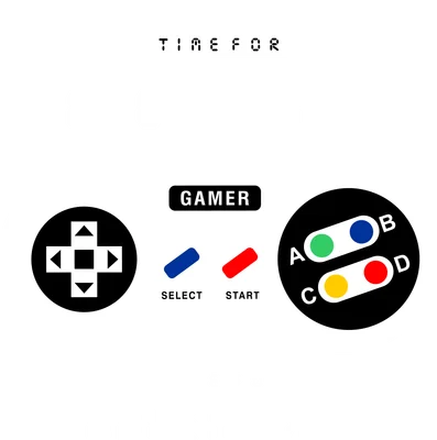 Hình ảnh tay cầm chơi game phong cách retro với dòng chữ "TIME FOR RELAX" và "GAMER"