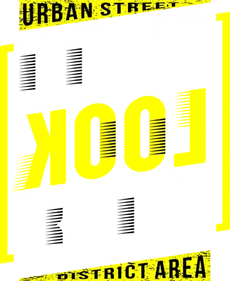 Hình ảnh typography với dòng chữ 'DON'T LOOK BACK' lớn màu trắng và vàng trên nền xám, kèm chữ 'URBAN STREET' và 'DISTRICT AREA'.