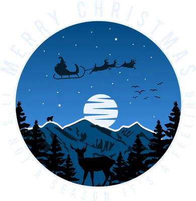 Hình ảnh Giáng Sinh với ông già Noel và tuần lộc bay trên bầu trời đêm đầy sao, núi rừng, hươu và gấu dưới ánh trăng.
