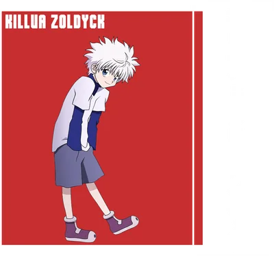 Hình vẽ chibi nhân vật Killua Zoldyck từ anime Hunter x Hunter, mặc áo trắng xanh, quần tím, giày tím, trên nền đỏ.