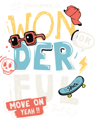 Hình in chữ WONDERFUL lớn, kèm kính râm, mũ lưỡi trai, ván trượt, đầu lâu phong cách doodle trên nền xám.