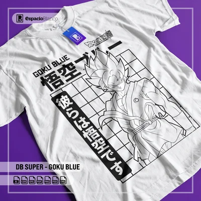 Hình in Goku Blue Dragon Ball phong cách line-art đen trắng trên áo thun trắng.