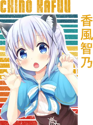Hình ảnh cô gái anime tai mèo màu tím với đôi mắt xanh to tròn, mặc áo khoác xanh và nơ lớn, có chữ tiếng Nhật và tiếng Anh.