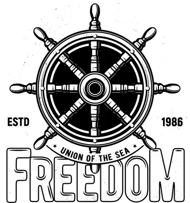 Hình minh họa bánh lái tàu màu trắng đen với các dòng chữ 'LET THE SEA GET YOU FREE' và 'FREEDOM' trên nền xám.