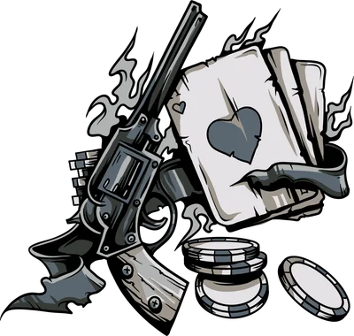 Hình minh họa súng lục ổ xoay kết hợp lá bài tây và chip poker phong cách tattoo