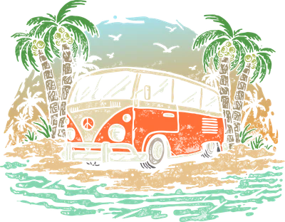 Hình minh họa xe bus cổ điển màu cam trên bãi biển với cây dừa, phong cách retro vintage