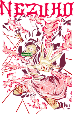 Hình ảnh Nezuko Kamado từ Demon Slayer trong tư thế tấn công, bao quanh bởi khói lửa màu hồng và đỏ.