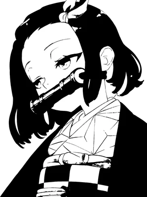 Hình vẽ chibi Nezuko Kamado, nhân vật anime, với biểu cảm nghiêm túc, đeo ống tre, phong cách đen trắng.