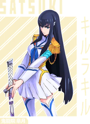 Hình ảnh Satsuki Kiryuin, nhân vật anime, cầm kiếm, trang phục học sinh quân đội, tóc đen dài.