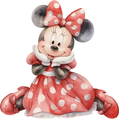 Hình ảnh Minnie Mouse hoạt hình đáng yêu với váy và nơ chấm bi đỏ, vẽ theo phong cách màu nước, đang ngồi và mỉm cười.