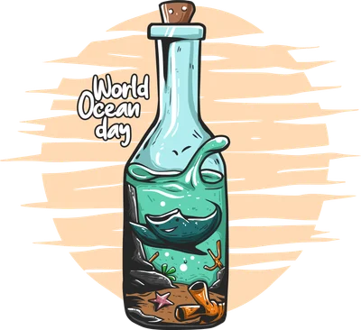 Hình minh họa bình thủy tinh chứa cảnh đại dương với cá đuối, san hô, và chữ 'World Ocean day' trên nền mặt trời.