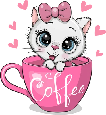 Hình vẽ mèo trắng đeo nơ hồng, mắt to tròn xanh, ngồi trong tách cà phê hồng có chữ 'Coffee', xung quanh có trái tim hồng.