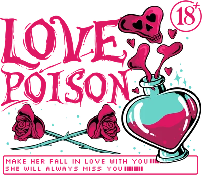 Thiết kế hình in Love Poison với bình thuốc hình trái tim, đầu lâu và hoa hồng phong cách gothic