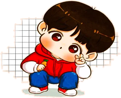 Hình vẽ chibi cậu bé đội mũ trùm đầu màu đỏ, quần xanh, cầm củ cà rốt nhỏ, giơ ngón tay chữ V.