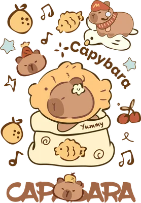 Hình minh họa Capybara chibi dễ thương với nhiều biểu cảm, kèm đồ ăn, nốt nhạc và chữ Capybara trên nền xám.