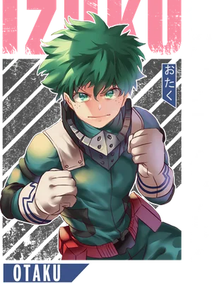 Hình ảnh nhân vật anime Izuku Midoriya với mái tóc xanh, trang phục anh hùng, tư thế sẵn sàng chiến đấu.
