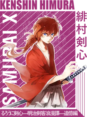Hình ảnh Kenshin Himura, nhân vật Samurai X, với mái tóc đỏ, mắt xanh, mặc áo đỏ, cầm kiếm.