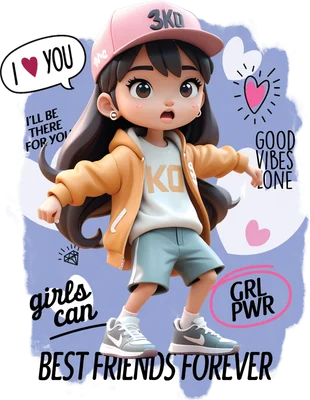 Hình ảnh cô gái hoạt hình đội mũ, mặc áo khoác cam, quần short xanh, với các thông điệp 'I LOVE YOU', 'GOOD VIBES ONLY', 'GRL PWR', 'BEST FRIENDS FOREVER'.