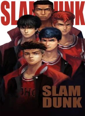 Nhóm 5 nhân vật nam anime Slam Dunk mặc đồng phục bóng rổ, thể hiện khí chất mạnh mẽ.