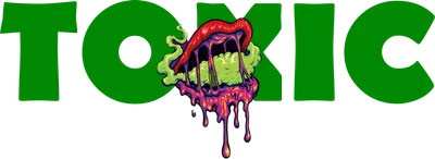 Hình ảnh chữ "TOXIC" màu xanh lá cây với hình ảnh đôi môi đỏ mọng đang chảy chất lỏng màu xanh lá cây và tím.