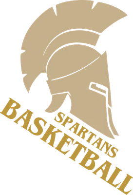 Hình ảnh biểu tượng chiến binh Sparta đội mũ trụ, có chữ "SPARTANS BASKETBALL" màu vàng kim trên nền xám.