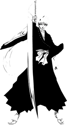 Nhân vật Ichigo Kurosaki trong Bleach, mặc áo haori đen, cầm đại đao, phong cách vẽ đen trắng.