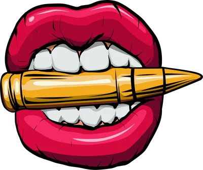 Hình ảnh minh họa đôi môi đỏ mọng quyến rũ đang cắn một viên đạn vàng, phong cách pop art.