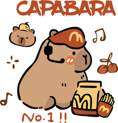 Hình vẽ capybara hoạt hình đội mũ McDonald's, đeo tai nghe, ăn khoai tây chiên và uống nước ngọt, có chữ CAPABARA và No.1