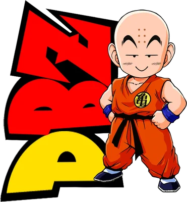 Hình ảnh Krillin chibi từ Dragon Ball Z với biểu cảm tự tin, đứng cạnh logo lớn màu đỏ và vàng.