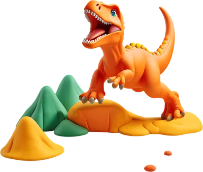 Hình ảnh khủng long T-Rex hoạt hình màu cam đang gầm, đứng trên nền đất vàng và có những ngọn đồi xanh nhỏ.
