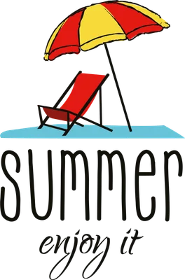 Hình minh họa ghế tắm nắng đỏ, dù che đỏ vàng và dòng chữ 'summer enjoy it' trên nền xám.