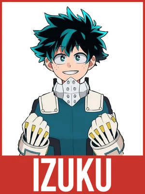 Hình vẽ nhân vật Izuku Midoriya từ anime My Hero Academia, đang cười tươi với mái tóc xanh lá cây đặc trưng và bộ trang phục anh hùng.