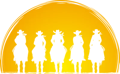 Năm kỵ sĩ cao bồi cưỡi ngựa với bóng đổ dưới ánh hoàng hôn vàng rực, phong cách silhouette.