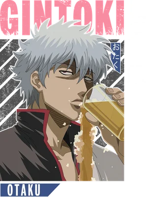 Nhân vật anime Gintoki Sakata đang uống bia với vẻ mặt mệt mỏi, bia đổ ra ngoài.