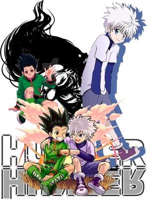 Hình ảnh hai nhân vật anime Gon và Killua từ Hunter x Hunter ngồi cạnh nhau, thể hiện sự vui vẻ.