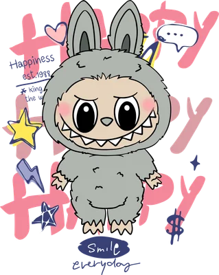 Hình vẽ hoạt hình quái vật xám tai thỏ răng nhọn, mắt to, má hồng, với chữ HAPPY màu hồng và các biểu tượng vui nhộn.