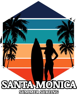 Hình ảnh cô gái lướt sóng và cây cọ dưới hoàng hôn sọc màu retro, với chữ Santa Monica.