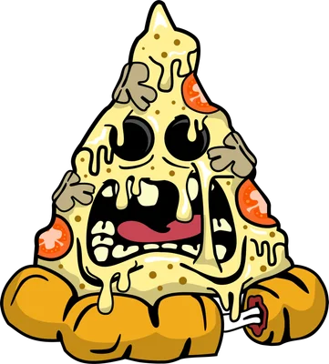 Hình minh họa miếng pizza hoạt hình chảy phô mai với khuôn mặt la hét, ngồi trên đế bánh màu vàng, phong cách ngộ nghĩnh.