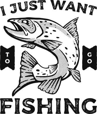Hình minh họa cá hồi nhảy lên với dòng chữ I Just Want To Go Fishing phong cách vintage