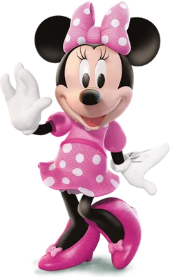 Minnie Mouse hoạt hình 3D mặc váy hồng chấm bi, nơ hồng và giày hồng, đang mỉm cười và vẫy tay chào.