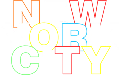 Chữ "New York City" được thiết kế với các màu sắc khác nhau và viền trắng, đặt trên nền xám.
