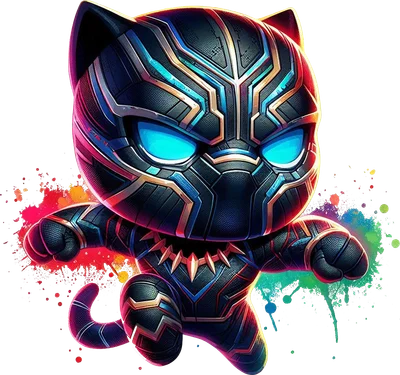 Hình ảnh mèo đen siêu anh hùng chibi với mắt xanh neon và bộ giáp chi tiết, xung quanh có vệt màu nước sặc sỡ.